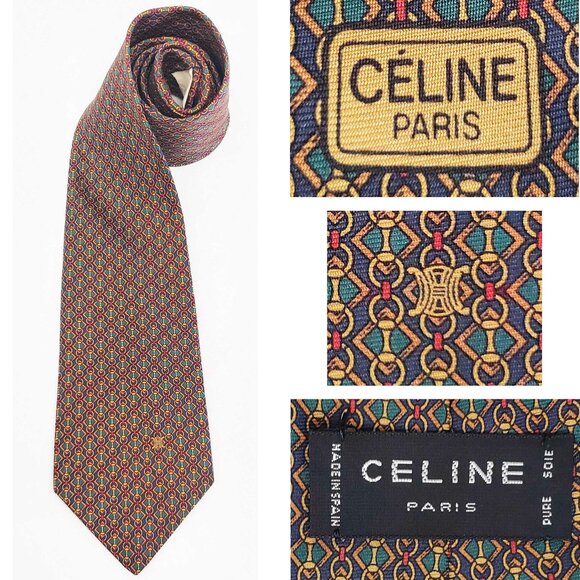 Celine Paris Mens Neck tie Geo Print Chain Link Logo Design Silk Green RedNavy